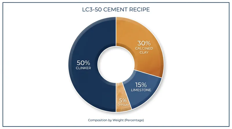 The standard LC3-50 formulation caps carbon-intensive clinker at exactly half the mixture.