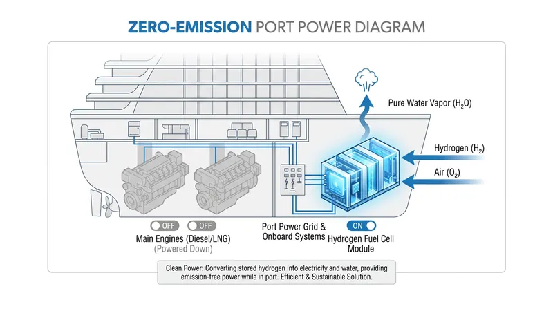 How hydrogen fuel cells replace traditional idling engines to power the ship's hotel operations.