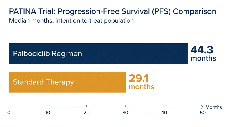 Patients receiving the palbociclib maintenance regimen experienced a 15.2-month improvement in median progression-free survival.