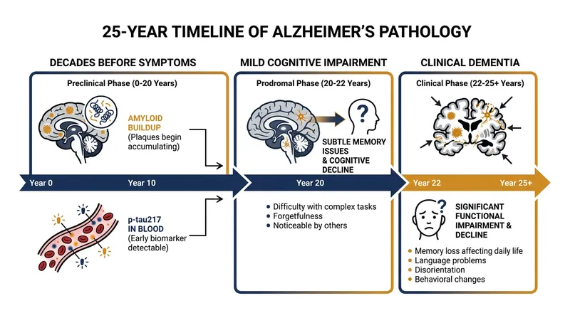 The biological changes associated with Alzheimer's disease begin silently in the brain long before memory loss becomes apparent.