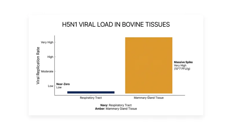 Viral replication is highly efficient in the udder, leading to massive viral shedding in milk rather than aerosolized breath.
