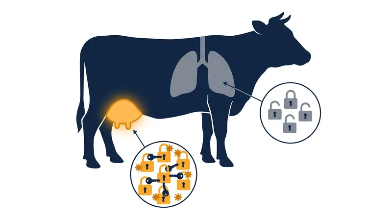 H5N1 receptors are densely packed in the cow's mammary glands but virtually absent in the respiratory tract.