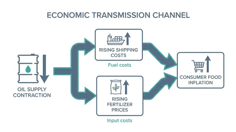 The transmission mechanism: How a localized energy shock ripples into global food inflation.