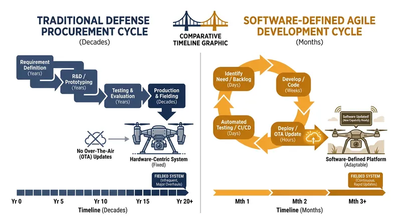 Software-defined defense systems allow for rapid, iterative updates compared to legacy hardware procurement.