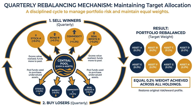 The forced rebalancing of equal-weight funds acts as an automatic 'buy low, sell high' mechanism.