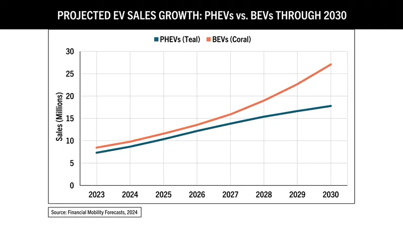 While BEV growth has cooled, PHEV sales are projected to capture significant market share through the end of the decade.