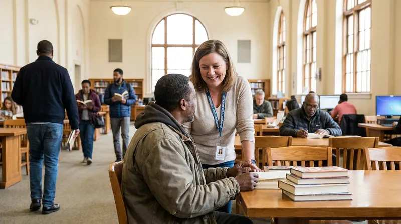 Many libraries employ peer navigators with lived experience of homelessness to build trust with vulnerable patrons.