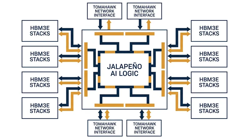 Jalapeño utilizes a multi-chip module design with eight high-bandwidth memory stacks to maximize data throughput.