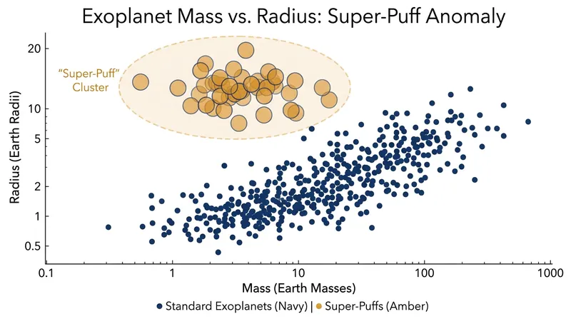 Super-puff exoplanets occupy a unique and extreme position on the mass-radius spectrum.
