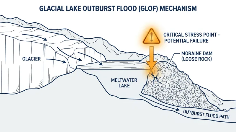 Glacial Lake Outburst Floods occur when fragile moraine dams fail under the pressure of volatile meltwater.