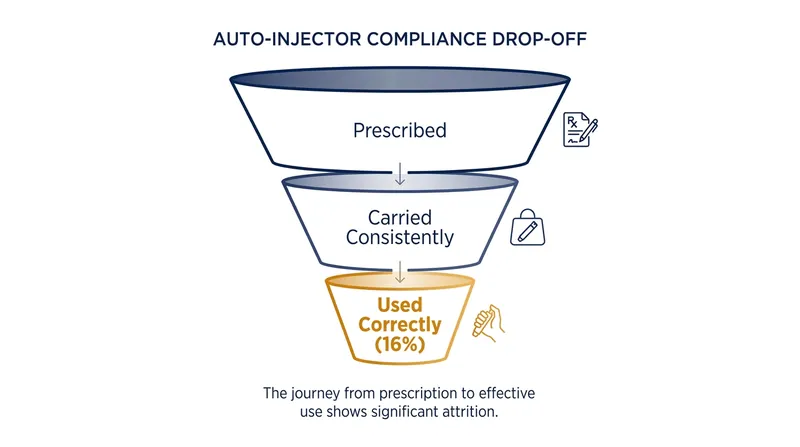 Studies show that even when patients have auto-injectors, correct usage rates during an emergency remain dangerously low.