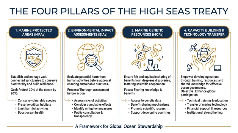 The BBNJ Agreement is built on four foundational pillars designed to balance conservation with equitable resource sharing.