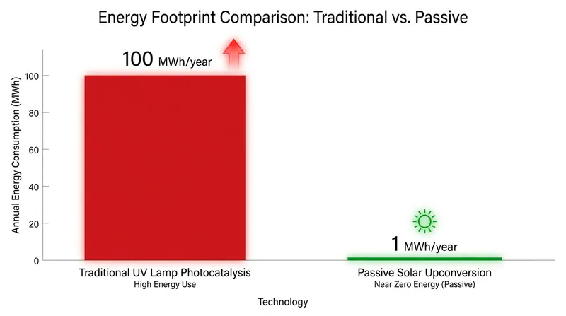 Passive solar upconversion eliminates the electrical demand associated with traditional UV generation.