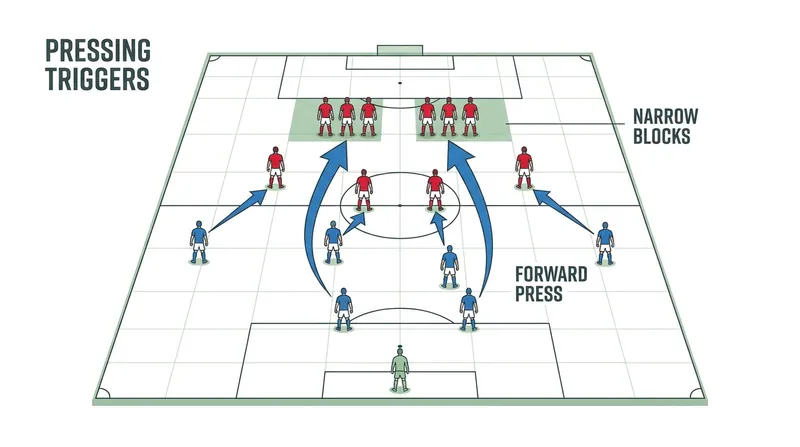 The mechanics of the 4-2-2-2 pressing system, designed to congest the center of the pitch.