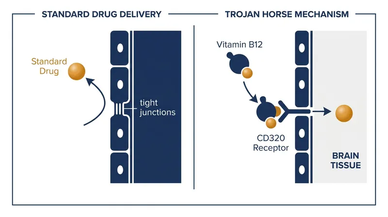 How the B12 conjugate tricks the brain's active transport receptors.