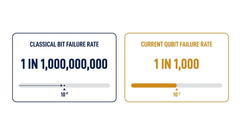 Quantum bits currently fail at a vastly higher rate than classical bits, making error correction the industry's top priority.