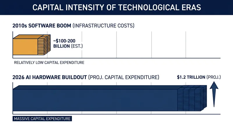 The generative AI boom requires significantly more physical capital expenditure than previous software-driven technological cycles.