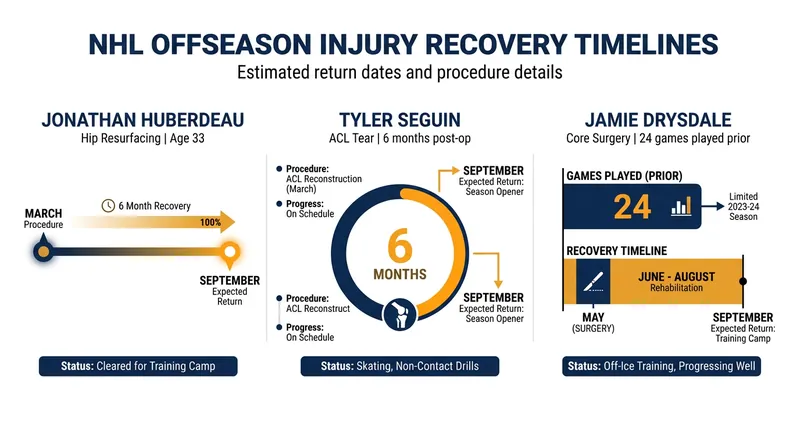 Projected recovery timelines for key NHL players targeting a return for the 2026-27 training camps.