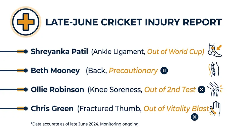 Key injury updates across international and domestic cricket in late June.