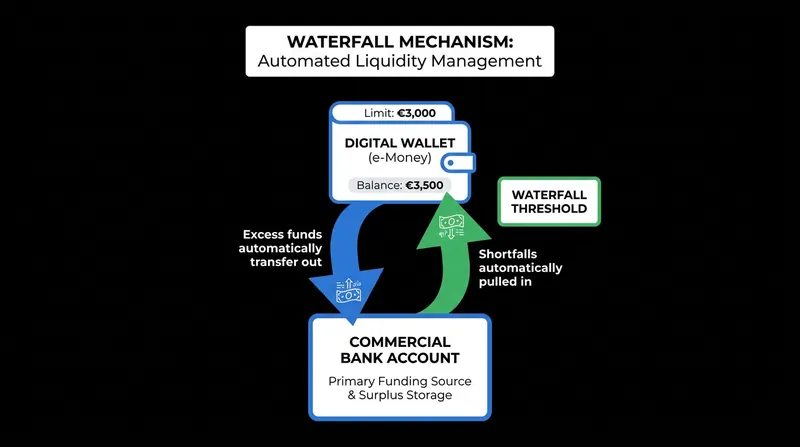 The waterfall mechanism ensures seamless payments while preventing massive deposit flights from commercial banks.