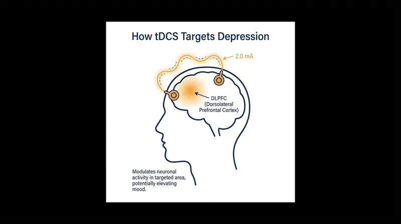 Transcranial direct current stimulation (tDCS) delivers a mild current to the prefrontal cortex to restore healthy neural connectivity.