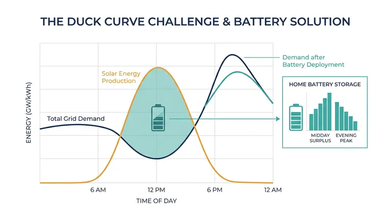 Home batteries flatten the 'duck curve' by storing abundant midday solar energy for use during peak evening demand.