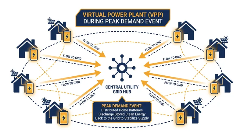 Virtual Power Plants (VPPs) aggregate thousands of individual home batteries to supply emergency power to the grid during extreme demand.
