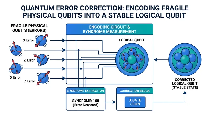 Logical qubits are created by networking many physical qubits together to correct errors in real-time.