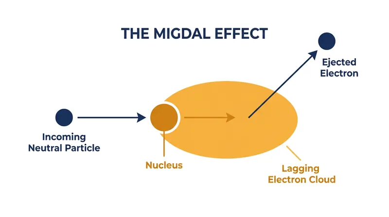 The Migdal effect occurs when a recoiling nucleus leaves its electron cloud behind, forcing the ejection of an electron.