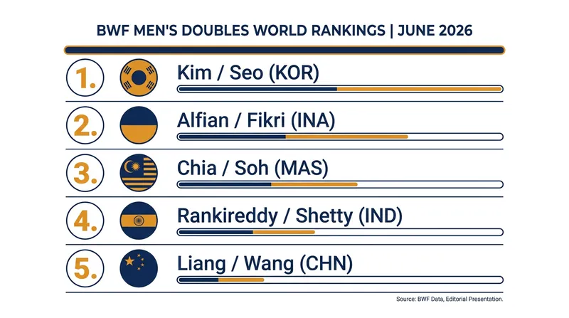 The BWF Men's Doubles Top 5 features pairs from five different nations.