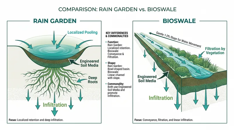 While rain gardens are designed to hold and absorb water in one place, bioswales are engineered to filter water as it moves.