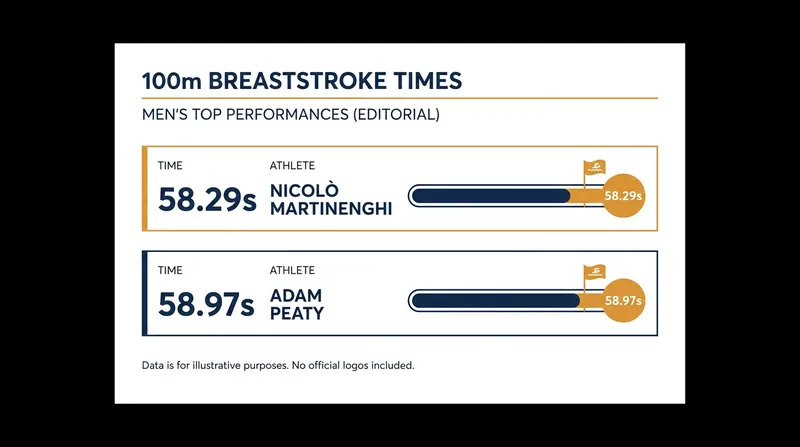 Recent 100m breaststroke times from returning stars Nicolò Martinenghi and Adam Peaty.