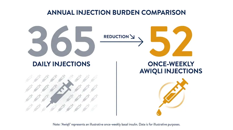 The transition to a once-weekly formulation reduces the annual basal insulin injection burden by 85%.