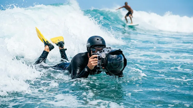 Water photographers routinely brave the impact zone to capture professional surfing's defining moments.