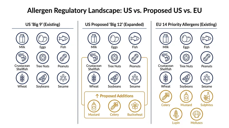 How the proposed US 'Big 12' standard compares to international allergen labeling requirements.