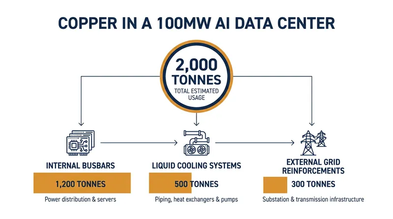 A single 100-megawatt AI data center can require up to 2,500 tonnes of copper for internal power delivery and cooling.