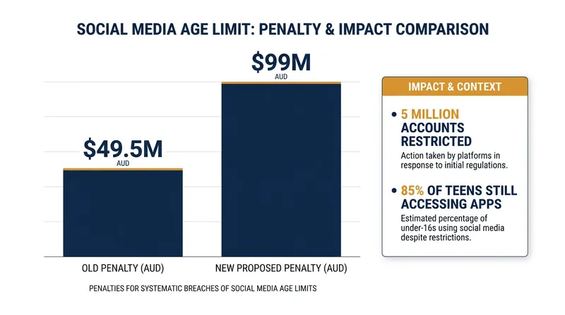 The Australian government is raising the fine ceiling to $99 million AUD to force stricter compliance from tech giants.