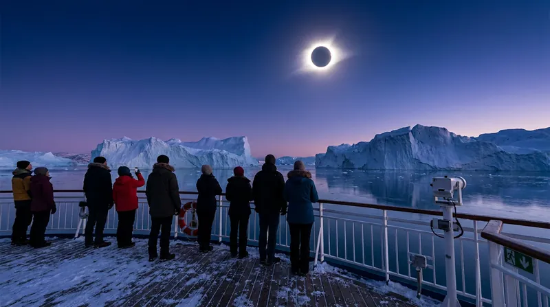 Expedition ships positioned in the Denmark Strait will experience the longest duration of totality.