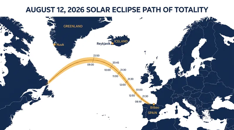 The 2026 path of totality sweeps from the Arctic Ocean down through the Iberian Peninsula.