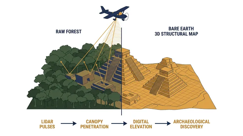 LiDAR technology digitally strips away the jungle canopy to reveal the geometric signatures of ancient structures.