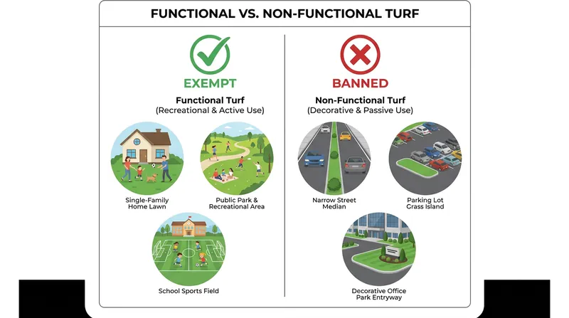 The new laws strictly target grass that serves no recreational purpose, leaving parks, sports fields, and private yards intact.