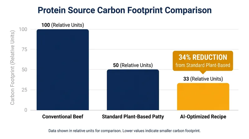 AI-optimized recipes achieve a 34% lower carbon footprint than standard plant-based alternatives by utilizing hyper-efficient ingredient combinations.