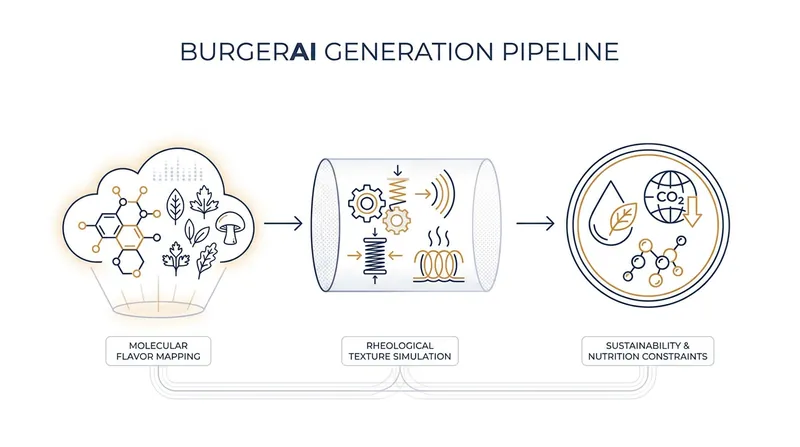 The AI evaluates ingredients across flavor, physical texture, and environmental impact simultaneously.