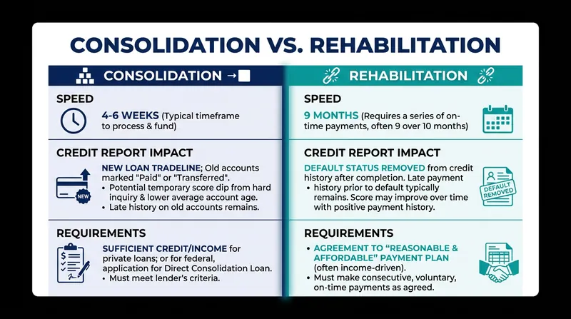 Comparing the two primary mechanisms for curing a federal student loan default.