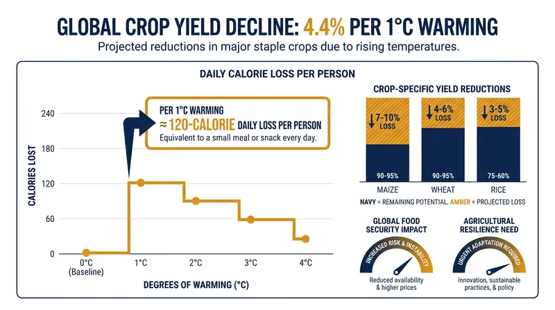 The caloric cost of climate change: 120 fewer calories per person per day for every degree of warming.