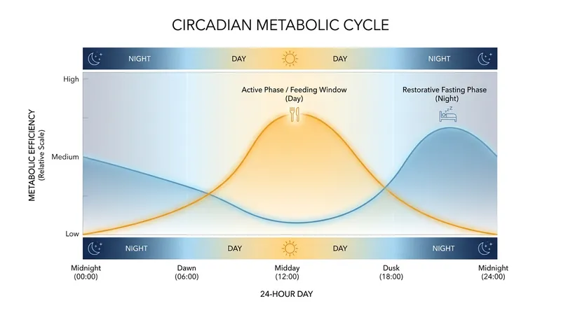 How the body's peripheral clocks shift between active metabolism and overnight cellular repair.