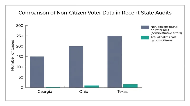 While administrative errors occasionally place non-citizens on rolls, actual votes cast remain near zero.