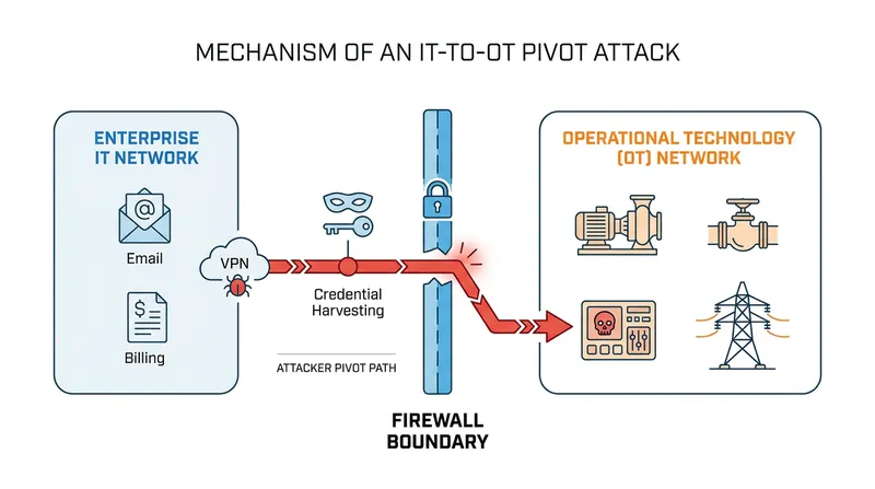 The anatomy of an infrastructure breach: Attackers typically exploit edge devices in the IT network before pivoting to the physical control systems.