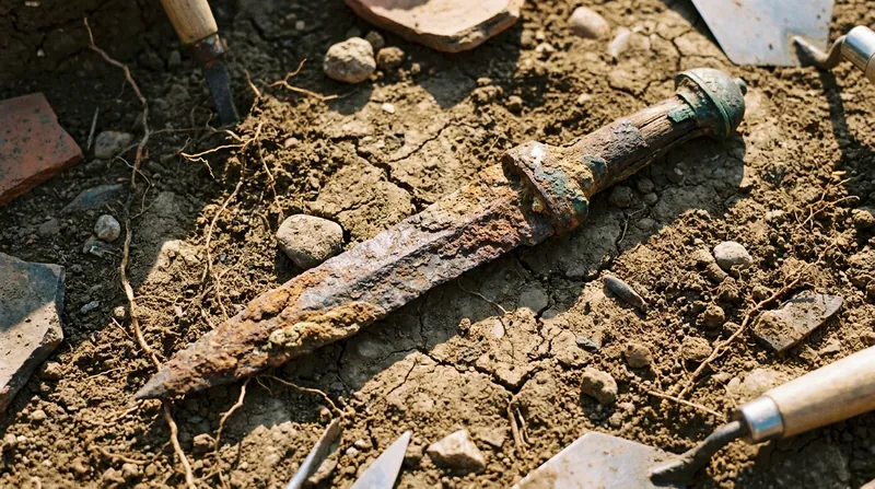 The iron pugio dagger found in the grave is a standard-issue sidearm that securely links the deceased to the Roman military.