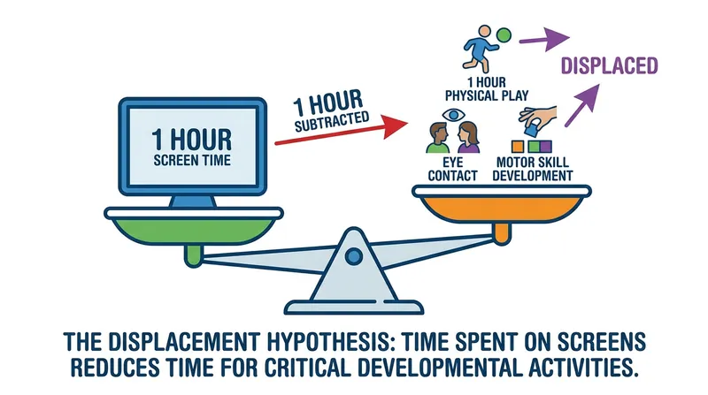 The displacement hypothesis explains that screens harm development by stealing time from crucial 3D interactions.
